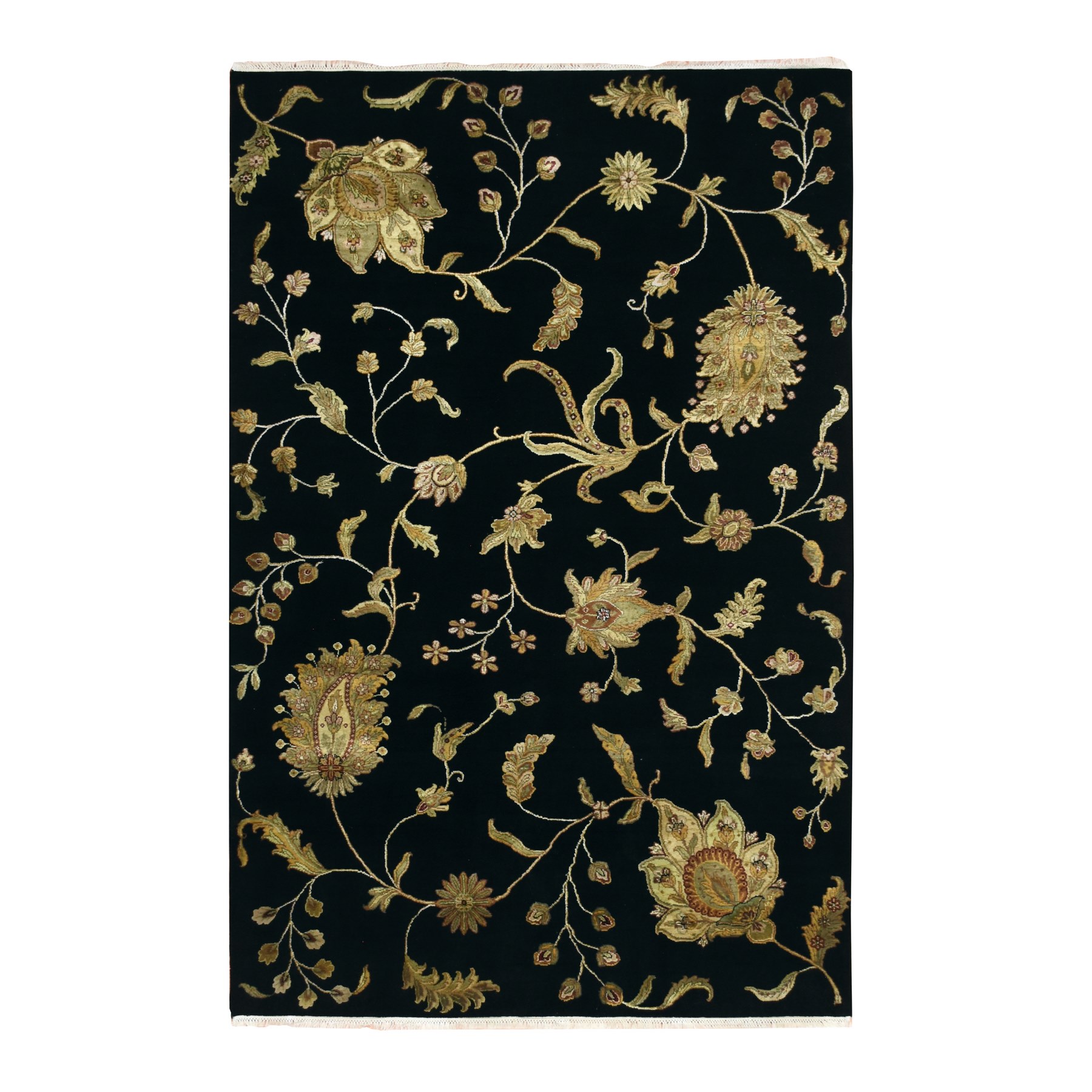Onyx Black, Borderless Botanical Design, Half Wool and Half Silk, Densely Woven, Soft Pile, Hand Knotted, Oriental Rug